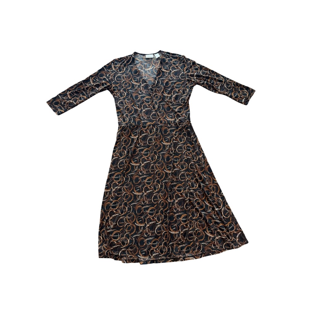 Chicos Travelers Dress‎ Womens Size 1 Brown Black Abstract Circle Wrap Midi - Picture 9 of 10
